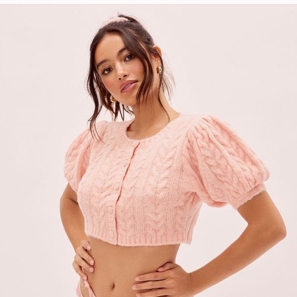For Love and Lemons Billie Pink Cropped Short Sleeve Cardigan Womens Small - Picture 1 of 9
